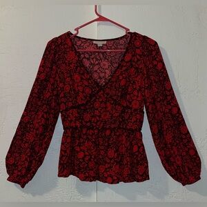 Knox Rose Women’s Red Floral Print Blouse with Metallic Silver Thread Detailing